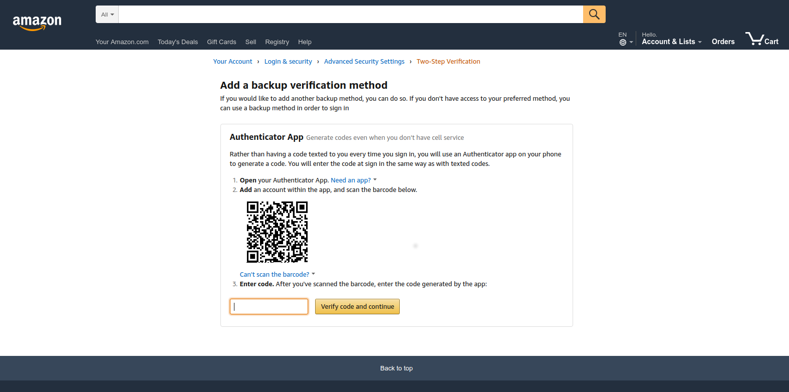 Add a backup Verification Method on Amazon